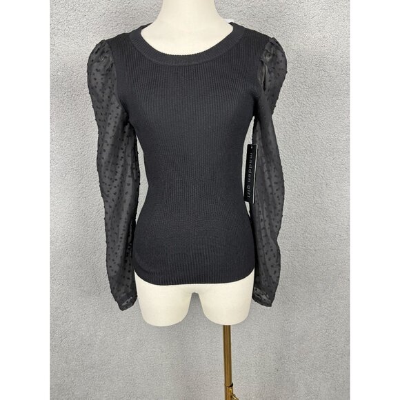 Madden Girl Juniors' Ribbed Sweater Sheer Dotted Mesh Sleeves Black Medium NWT's - Picture 1 of 8